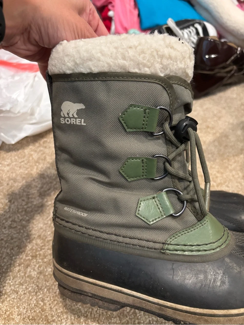 Kids Waterproof Winter Boots in Olive Green and Black